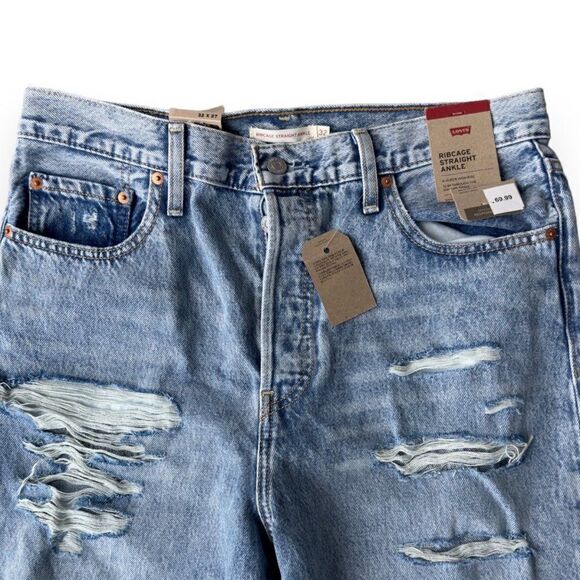 Levi Ribcage Straight Ankle Distressed Light Wash Button Fly Jeans Women's 32 x - Picture 5 of 6